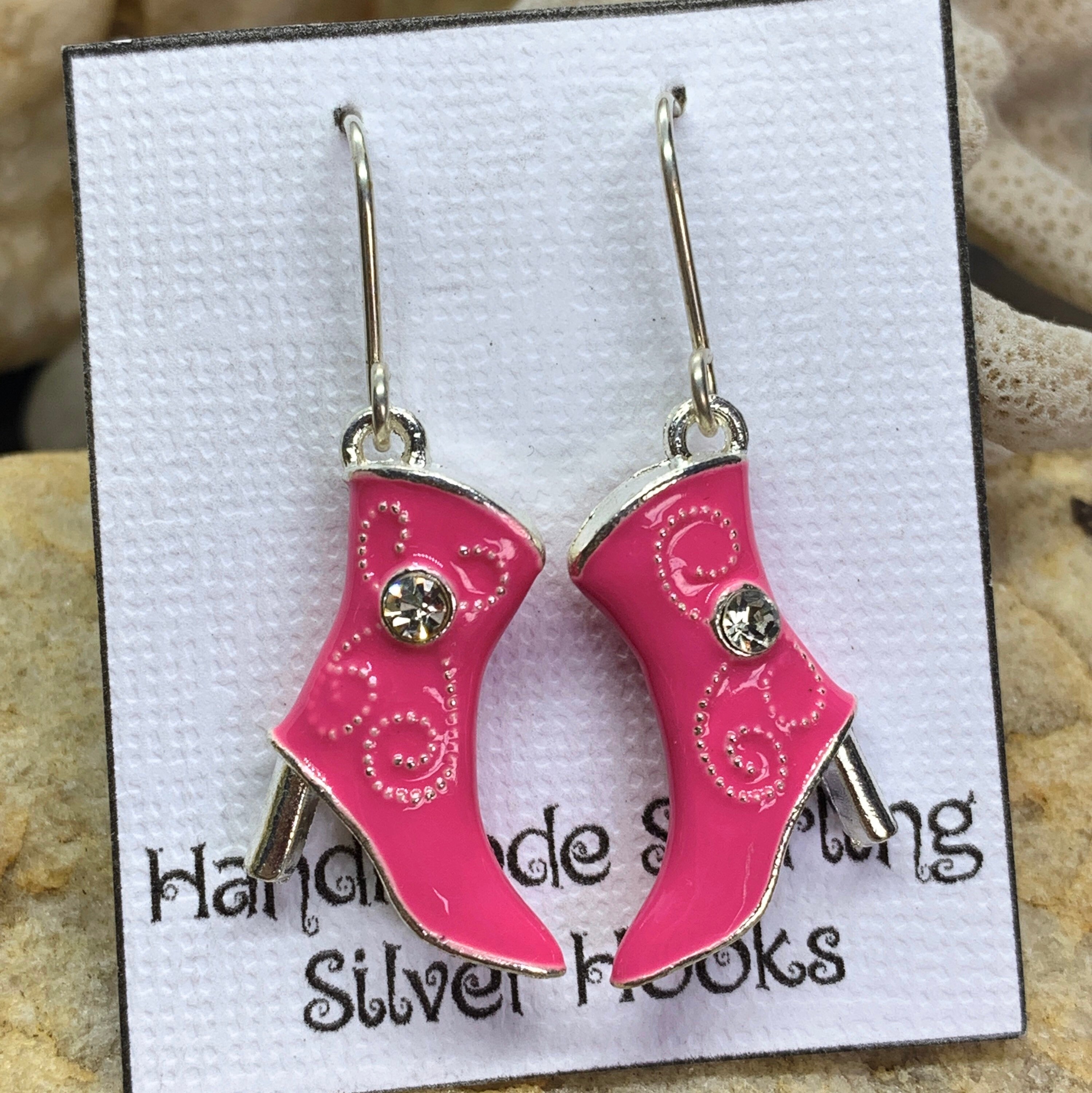 Pink Boot Earrings Enamel & Rhinestone Cowboy Boots Handmade Etsy
