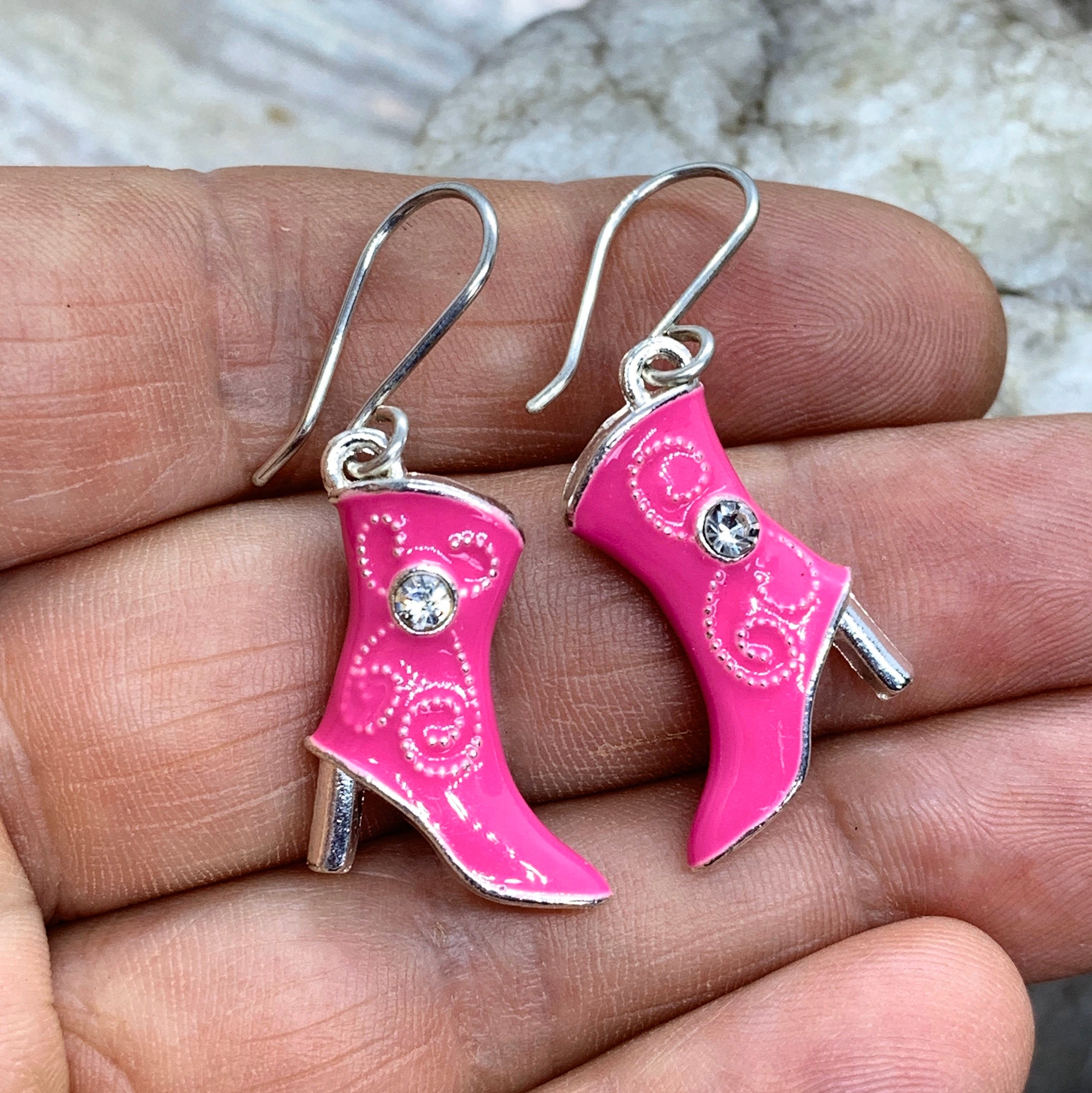 Pink Boot Earrings Enamel & Rhinestone Cowboy Boots Handmade Etsy