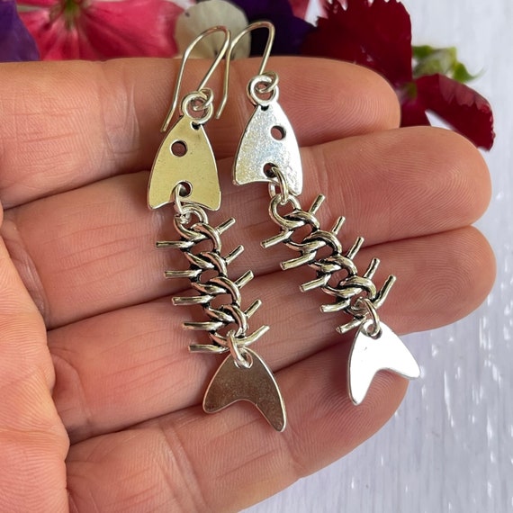 Long Articulated Fish Earrings Fish Bones Charm Handmade Etsy
