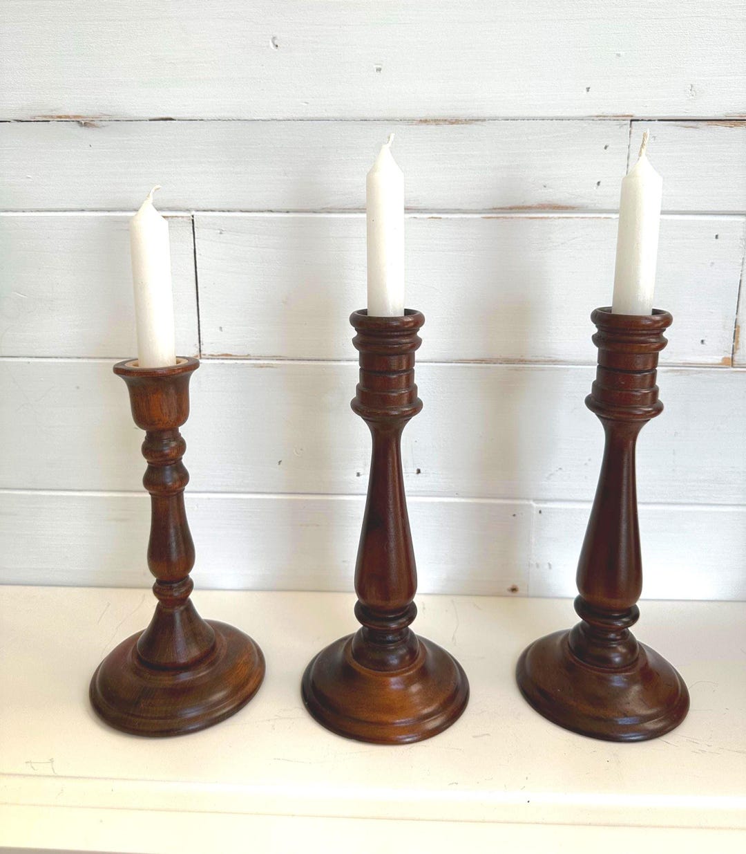 Vintage Wooden Candlestick Set of 3-MCM Turned Wood Taper Holders-dark ...