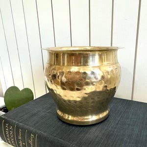May include: A hammered brass planter with a wide, flared rim. The pot has a rounded shape and a textured surface. The planter is sitting on a dark book. The background is a white wall with vertical wooden panels.