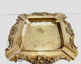 A Vintage Mid-Century Heavy Solid Brass Tray-Ashtray with Ornate-Trinket Dish-Jewelry Tray-Catchall Tray-Home Decor
