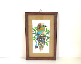 Vintage El Salvador Feather Art-Hand Painted Torogoz Bird-Signed Jorge-Mid Century Modern-Wood Frame Art