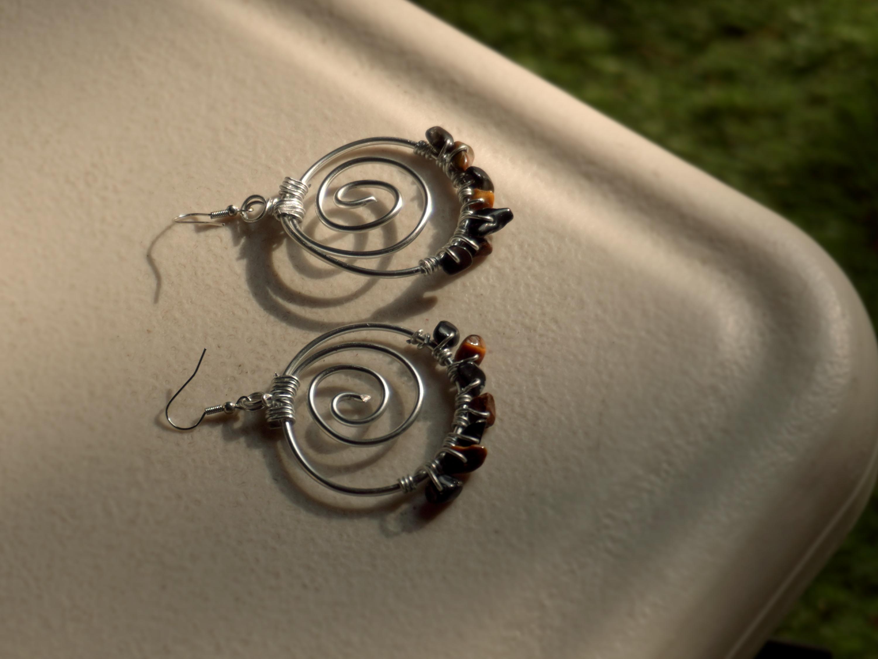 タイガーアイオブシディアンスパイラルイヤリング ハンドメイド