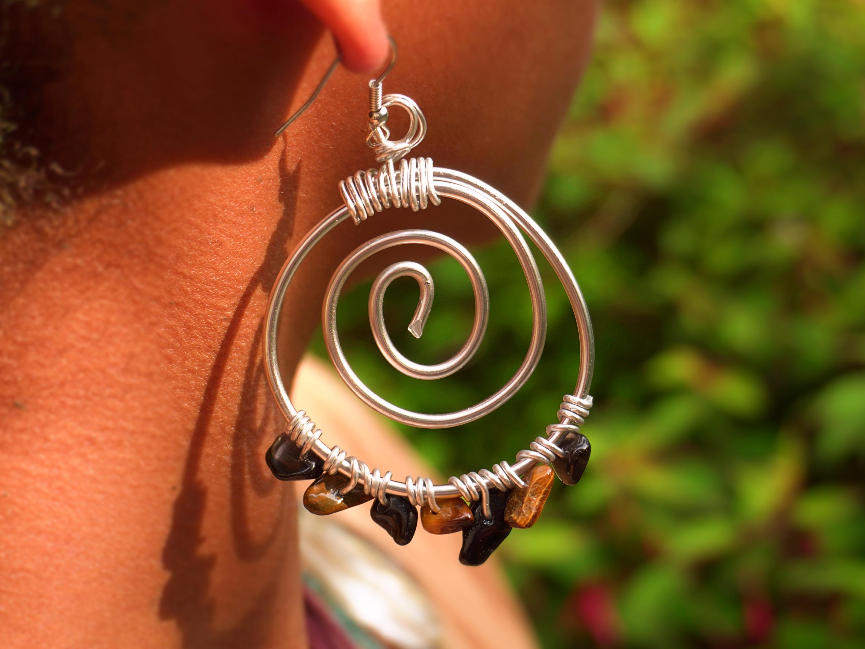 タイガーアイオブシディアンスパイラルイヤリング ハンドメイド