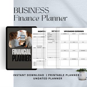 May include: A printable business finance planner with sections for monthly expenses, net worth, and upcoming expenses. The planner has a black and white design with a photo of two people working on a laptop.
