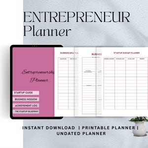 May include: A printable pink and white entrepreneur planner with sections for a startup guide, business mission, achievement log, business idea evaluation, business set-up, and a startup budget planner. The planner has the text "Entrepreneurship Planner" and "Instant Download | Printable Planner | Undated Planner".