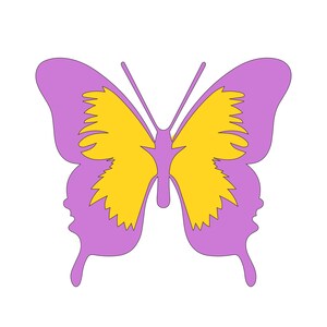 Puede incluir: Ilustración de una mariposa estilizada con contorno morado y alas amarillas. Las alas tienen un diseño de borde dentado. El cuerpo y las antenas de la mariposa son morados. El fondo es blanco.