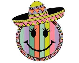 Cara sonriente PNG, Cara sonriente con ribete de encaje de sarape PNG, Diseño de camiseta mexicana española, Camiseta femenina del Cinco de Mayo, Camiseta colorida de fiesta mexicana
