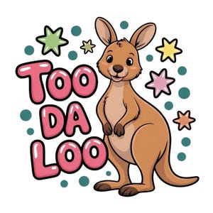 Può includere: Illustrazione di un cartone animato di un canguro con il testo "Too Da Loo" in lettere rosa a bolle. Il canguro è marrone con la pancia bianca, circondato da stelle colorate e punti turchese su sfondo bianco.