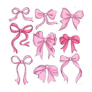May include: Nine pink bows of varying styles are displayed against a white background. The bows range in design, from simple loops to more elaborate, multi-layered arrangements. Each bow is outlined in a darker pink, creating a 3D effect.