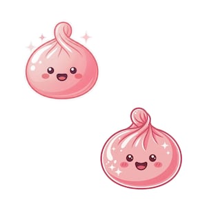 May include: Two illustrations of a pink dumpling with a smiling face and sparkling accents. The dumpling has a swirl on top and rosy cheeks, giving it a cute, cartoonish appearance. The background is plain white.
