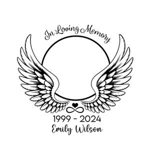 May include: Black and white memorial design featuring angel wings, a circle, and the text "In Loving Memory." Includes the years 1999-2024 and the name "Emily Wilson."