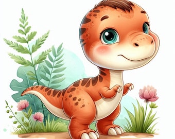 Clipart di dinosauri in stile cartone animato, dinosauro cucciolo, clipart ad acquerello stampabili, PNG di alta qualità, download digitale, lavori di carta, junk journal