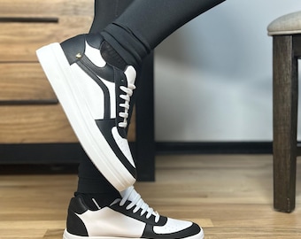 Platform Sneakers - Black and White Casual Style Trainers