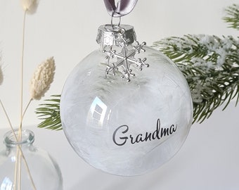 Christmas Personalised Memorial Bauble, Glass Bauble, Tree Decoration White feathers