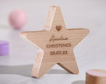 Personalised Christening Gift Wooden Star With Heart Design - Beech