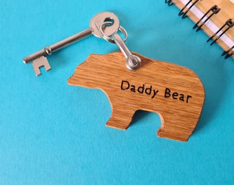 Personalised Daddy Bear Keyring, Engraved wooden keychain, Gift For Dad, Father's Day Gift For Him