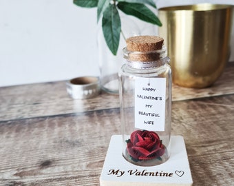 Personalised Valentine's Day Gift For Her, Message In A Bottle, Paper Rose Personalised Bottle Tiny 8 x 3cm