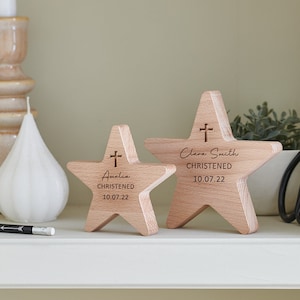 Personalised Christening Gift Wooden Star With Cross Design - Beech