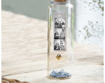 Best Friend Photo Gift – Personalised Message in a Bottle –  Personalised Gift  – Photo Booth Style - Silver Heart Charm - Size 10cm x 3cm