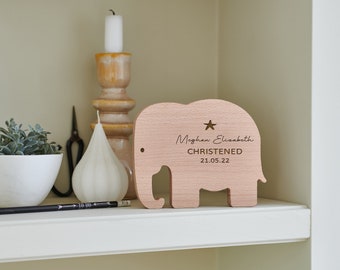 Personalised Christening Gift Engraved Elephant Keepsake - Beech