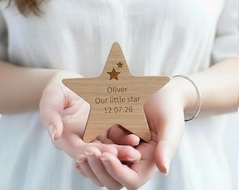 New Baby Gift Personalised Wooden Star | Christening Or Baptism Gift | Engraved Keepsake Decoration