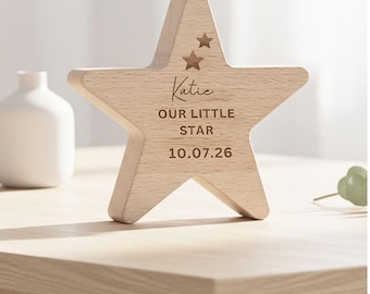 New Baby Gift Personalised Wooden Star | Christening Or Baptism Gift | Engraved Keepsake Decoration