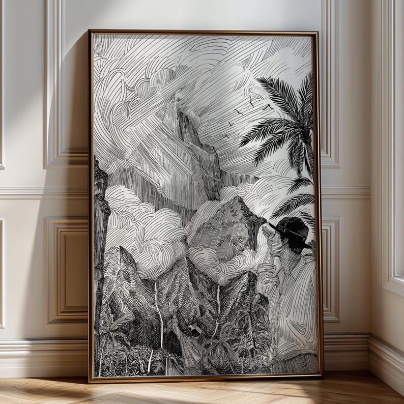Tropical Mountain Landscape Poster | Black and White Ink Illustration ...