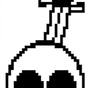 Könnte beinhalten: Schwarz-weißes Pixel-Art-Bild eines Schädels mit einem Schwert, das aus der Oberseite herausragt.