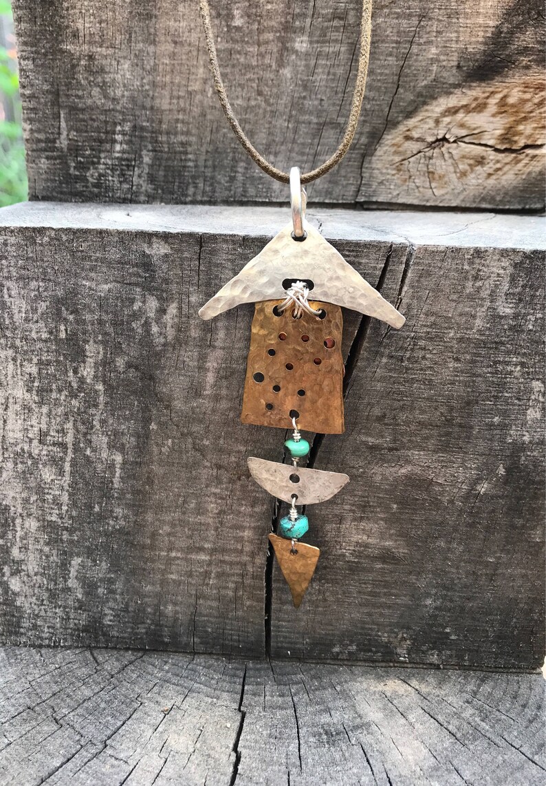 Peaceful Wind Hammered Mixed Metal Pendant with Turquoise and Jet Beads image 2