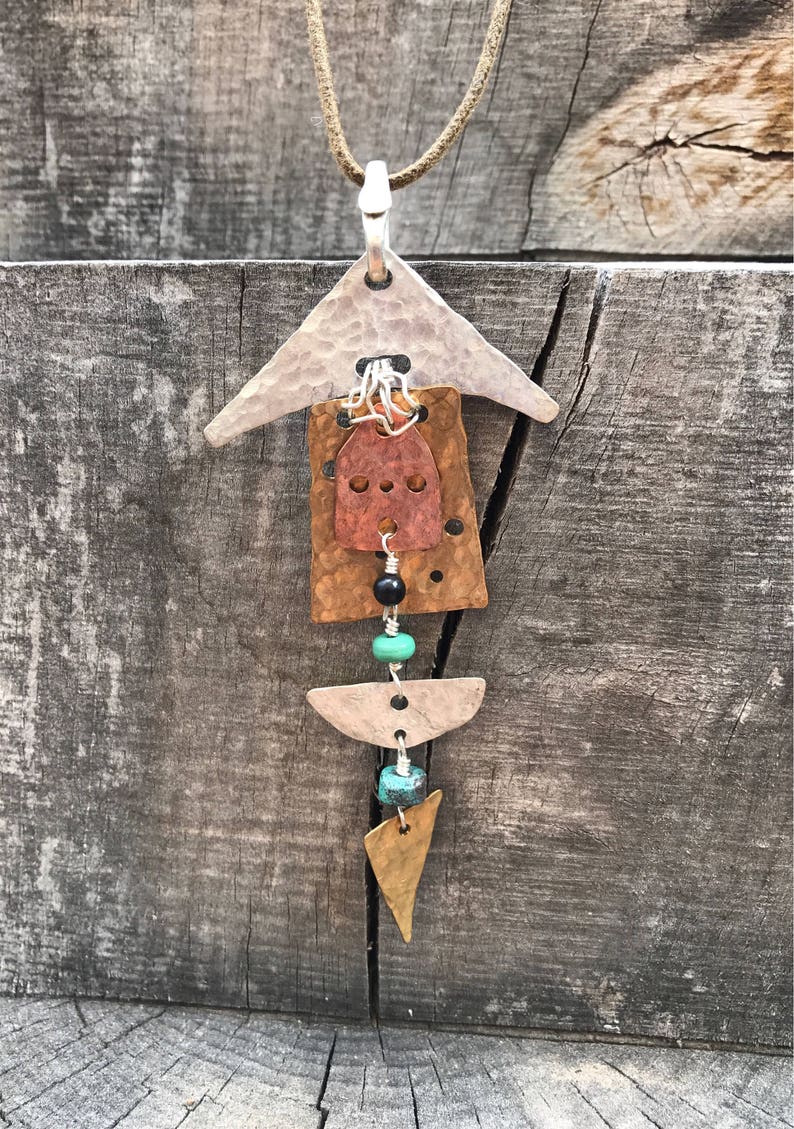 Peaceful Wind Hammered Mixed Metal Pendant with Turquoise and Jet Beads image 1