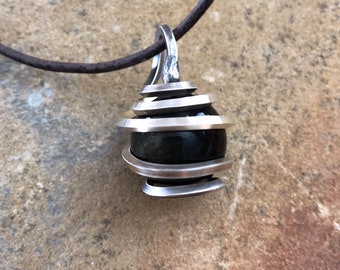 Black Obsidian and Silver Orb Pendant- STAR CLUSTER features a Black Obsidian Orb that is Spiral wrapped in Oxidized Square Silver Wire.