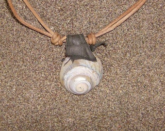 Whirling Waters Spiral Shell Amulet with a Gray Leather Bail