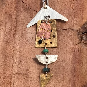 Peaceful Wind Hammered Mixed Metal Pendant with Turquoise and Jet Beads image 7