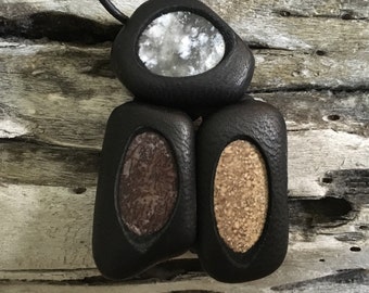 Leather and Stone Amulet- HIGHER MIND... this Life Stream Amulet features Dinosaur Bone, Oolite and NM. stone set in Black Deerskin.