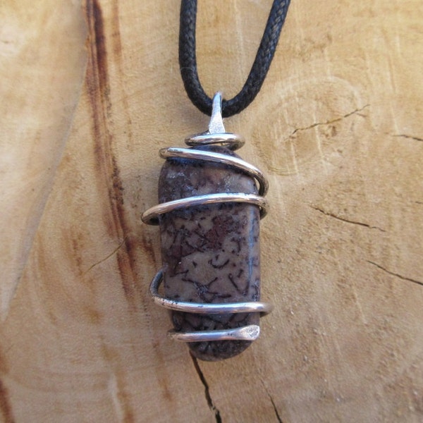 Tried & True- This Spiral Seed Pendant features a piece of polished fossilized Dinosaur Bone that has been Spiral wrapped in Silver.