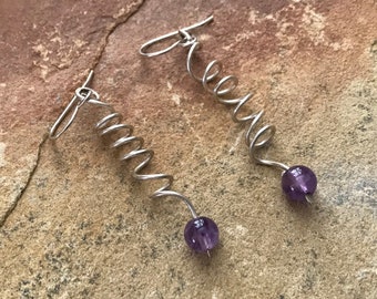 Silver and Amethyst Earrings- INNER SPIRAL features a cork screw Spiral of Silver wire ending in beautiful round Amethyst beads.