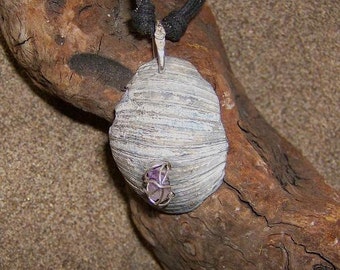 Shell Amulet...WATER SHIELD- This Amulet features a Water tumbled Shell fragment that has a small Amethyst Point wired on to it