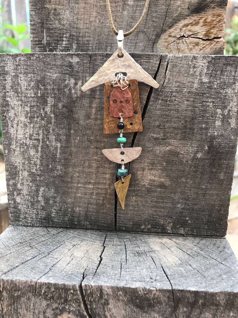 Peaceful Wind Hammered Mixed Metal Pendant with Turquoise and Jet Beads image 3