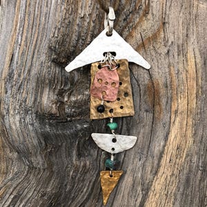 Peaceful Wind Hammered Mixed Metal Pendant with Turquoise and Jet Beads image 6