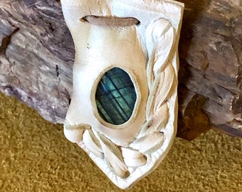 Labradorite & Leather Pod- Heaven Speak- This Wisdom Pod is made out of creamy white deer skin leather and contains a Labradorite cabochon.