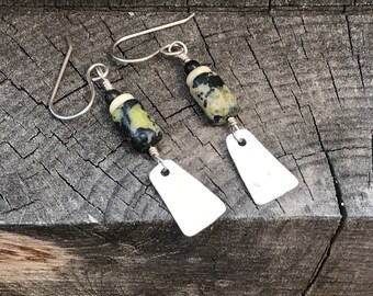 Earth Magic -  Hammered Silver Earrings with Serpentine,Bone and Picasso Marble Beads