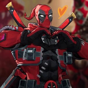 May include: Illustration of Deadpool in a red and black costume, making a heart shape with his hands. The character has a mask with white eyes and is holding two katanas. A yellow heart graphic is in the background.