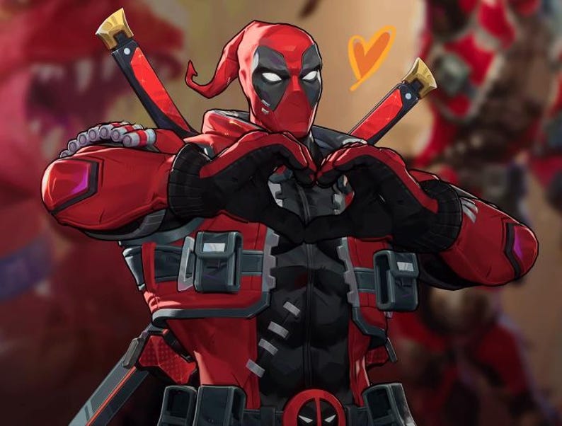 May include: Illustration of Deadpool in a red and black costume, making a heart shape with his hands. The character has a mask with white eyes and is holding two katanas. A yellow heart graphic is in the background.