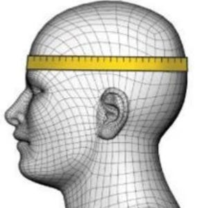 May include: A 3D rendering of a human head with a yellow measuring tape wrapped around the head. The head is a wireframe model, and the tape is positioned to measure the circumference, likely for hat sizing.
