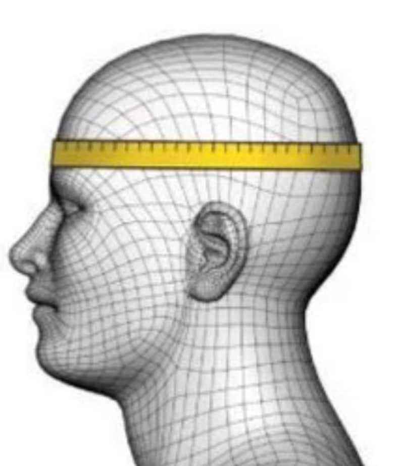 May include: A 3D rendering of a human head with a yellow measuring tape wrapped around the head. The head is a wireframe model, and the tape is positioned to measure the circumference, likely for hat sizing.
