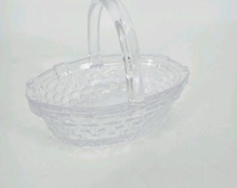 Clear Pressed Glass Basket Weave Handle Candy Dish Bridal Basket 6 In Easter VTG