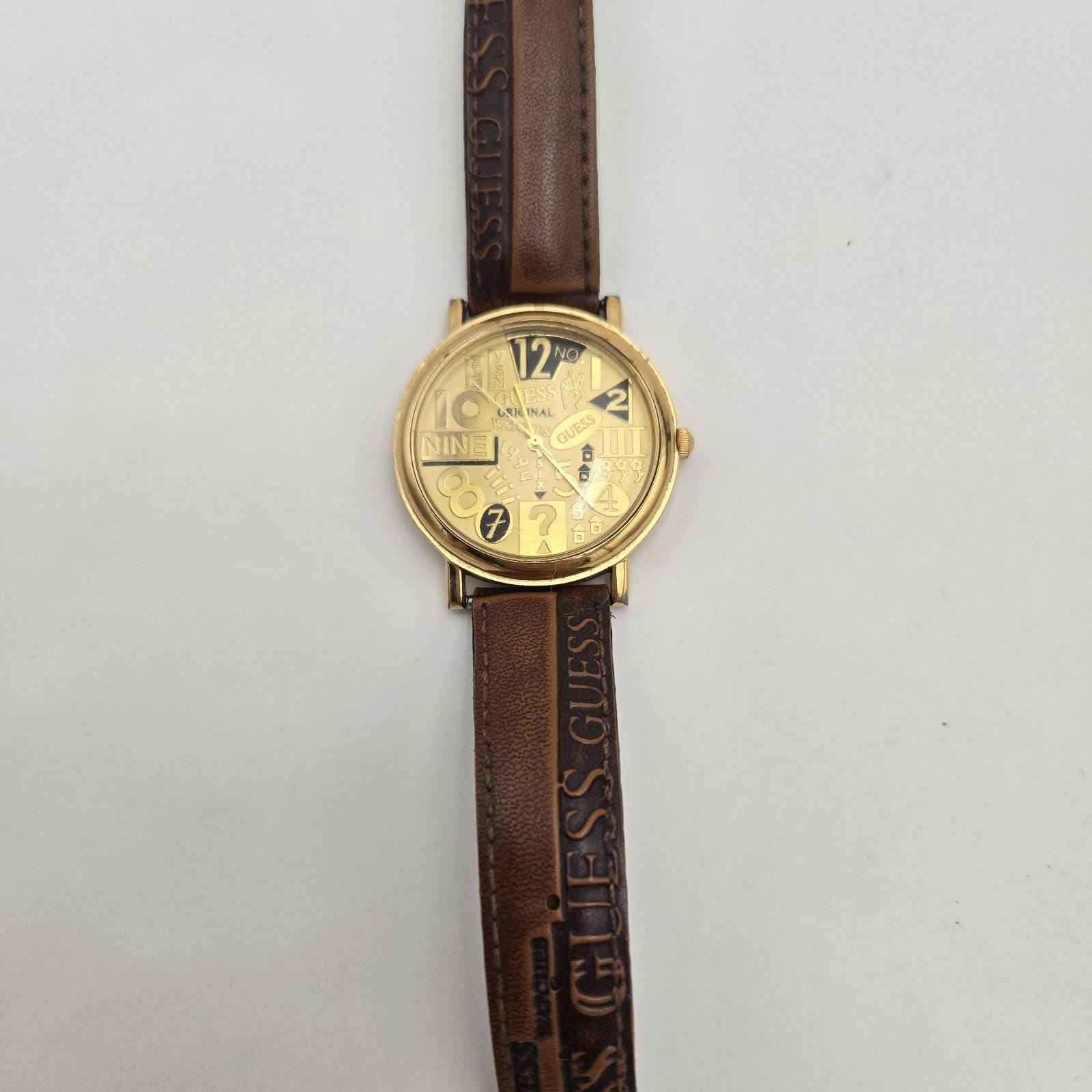 Vintage 1995 Guess Original Watch Gold Dial Logo Japan Quartz Brown Band WORKING Vintage 1995 Guess Original Watch Gold Dial Logo Japan  main image 3