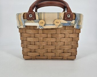 Longaberger 2003 Small Boardwalk Basket Purse Plaid Liner Protector Leather 9.5"